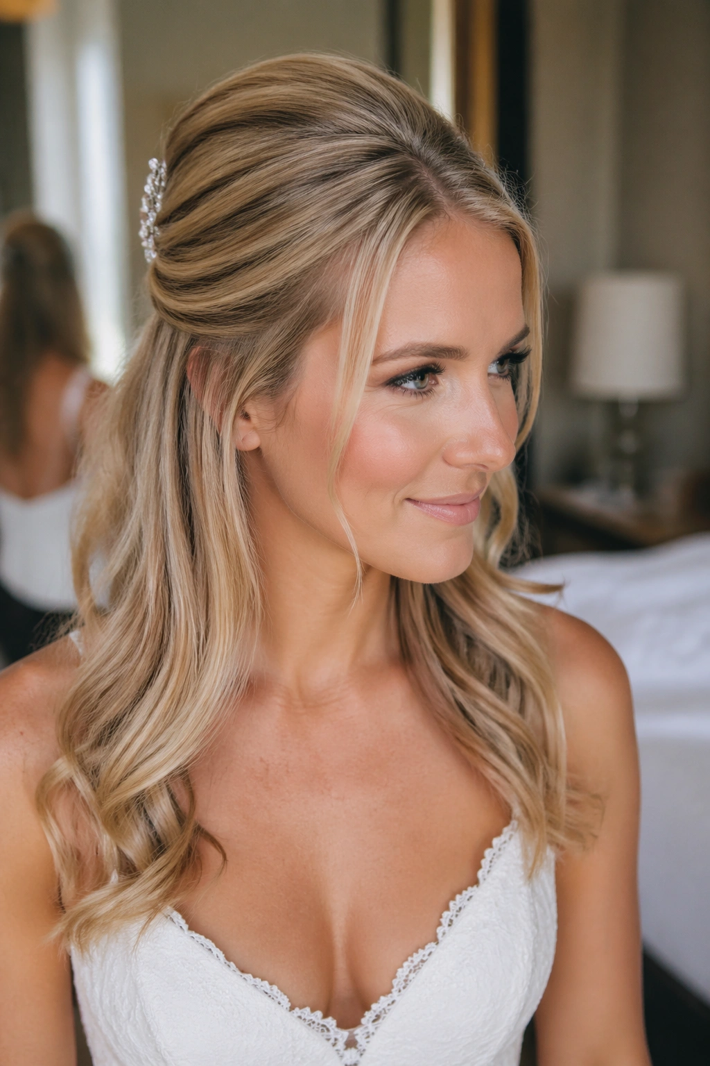Real woman with fine hair and modest crown lift in a half-up style.