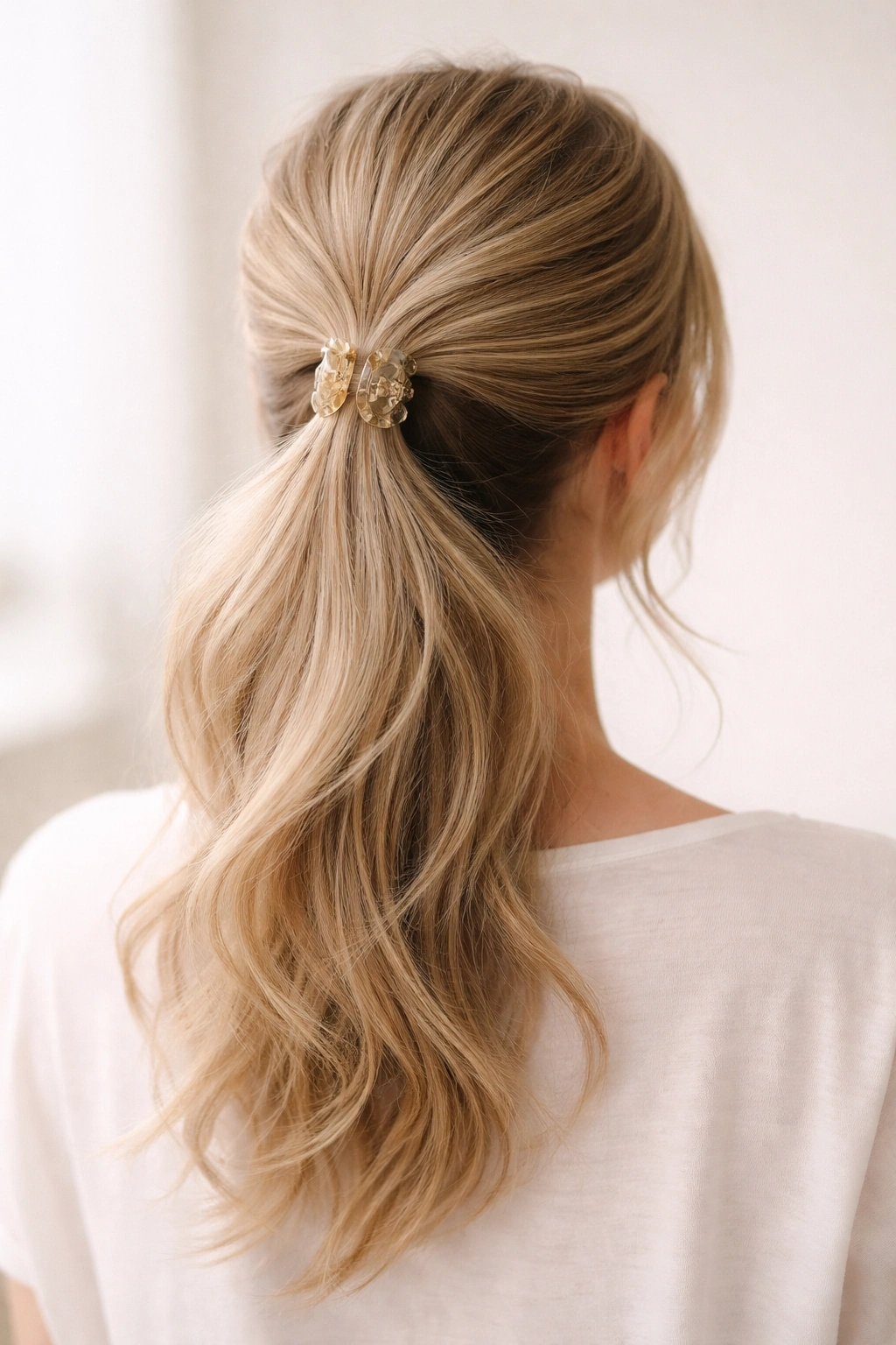 Back view of fine hair with crown puff secured by small claw clip