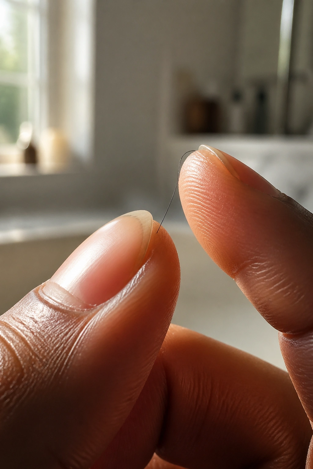 Close-up of a single fine natural hair strand held between fingertips, illustrating hair diameter concept.