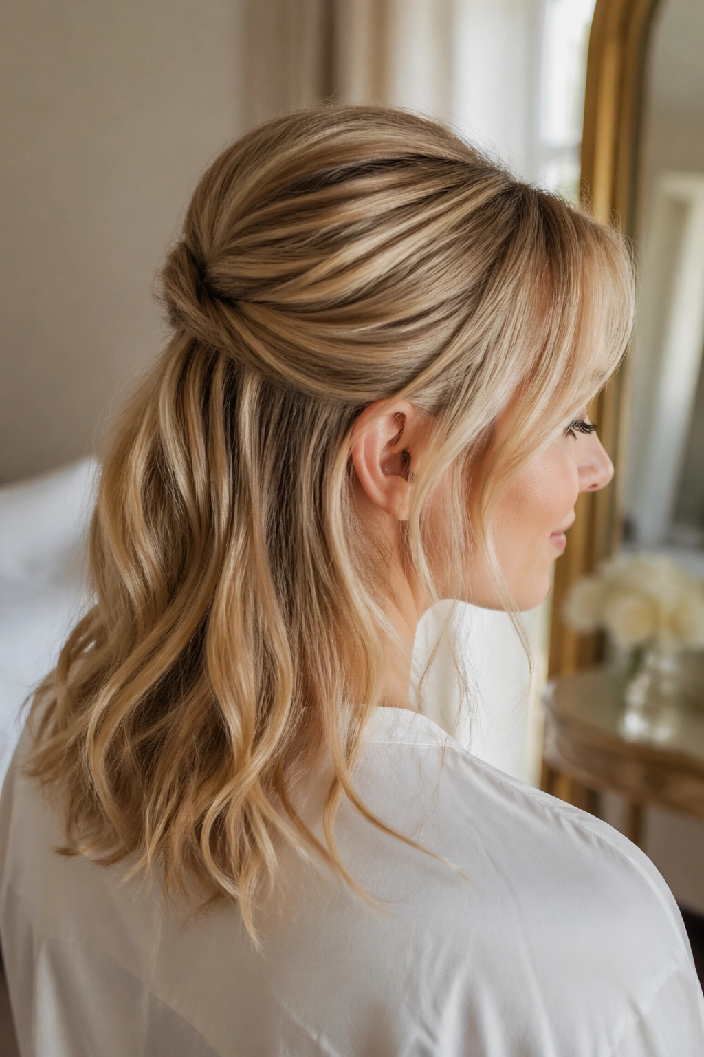 Portrait of a real woman with fine hair styled in a soft twist half-up half-down