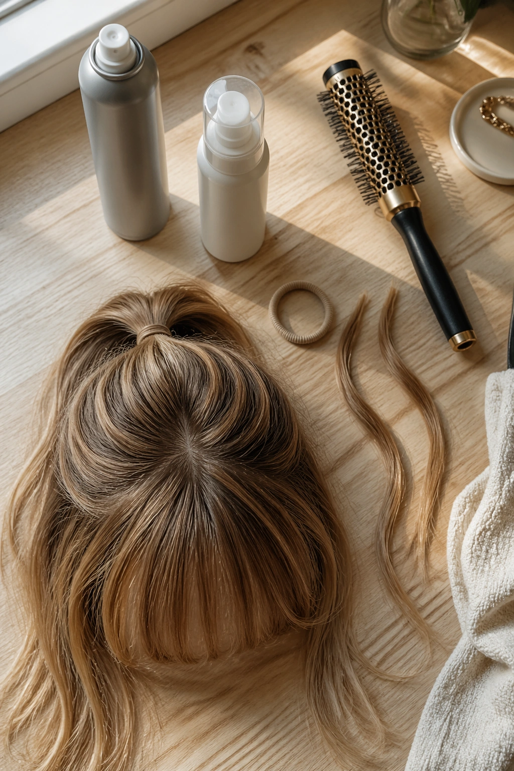 Flat-lay of fine-hair half-up ponytail tools and setup.