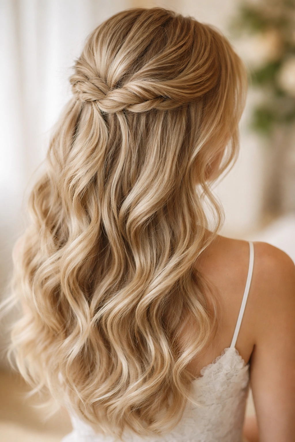 Close-up of a fine hair half-up with soft twists and curled ends.