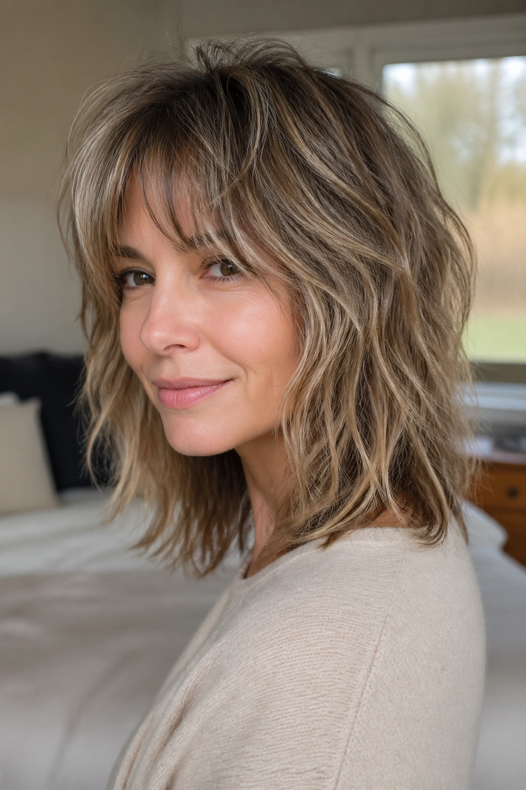 Close-up portrait of a real woman with fine-hair illusion shag showing crown layers