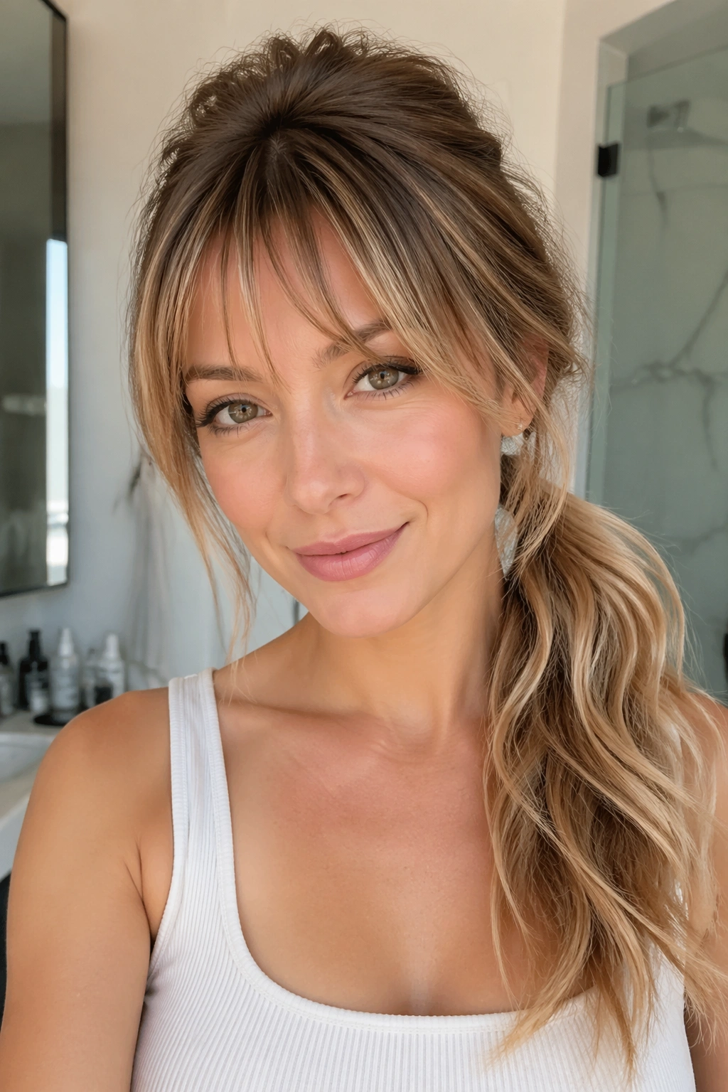 Close-up of a real person with fine hair, lifted crown and wispy bangs