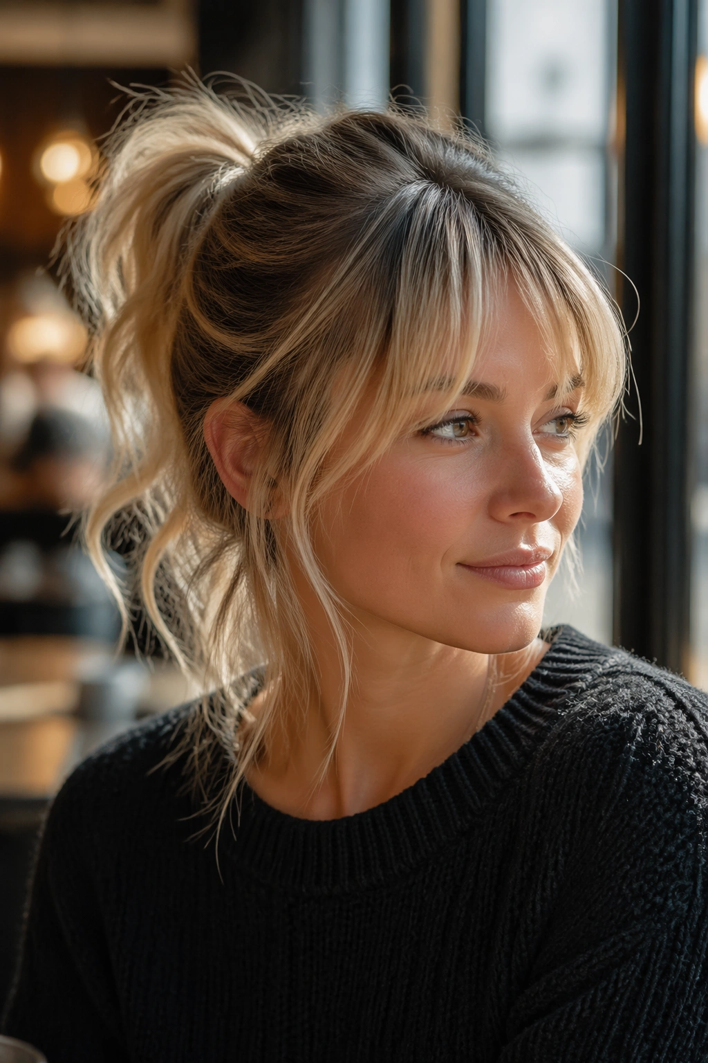 Real woman with fine hair, airy messy ponytail and soft bangs in natural daylight.