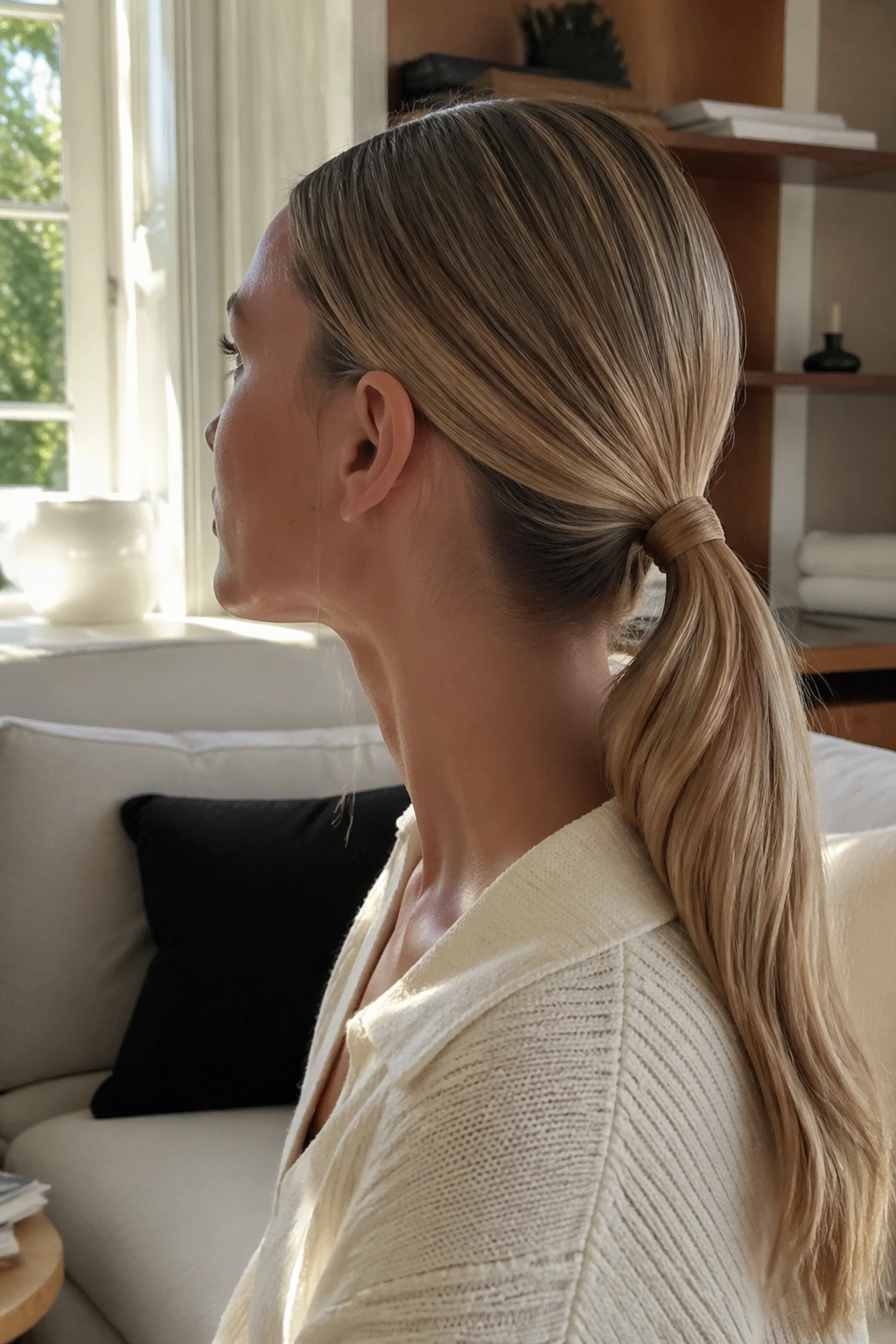 Side profile of minimal low V part ponytail for fine hair.