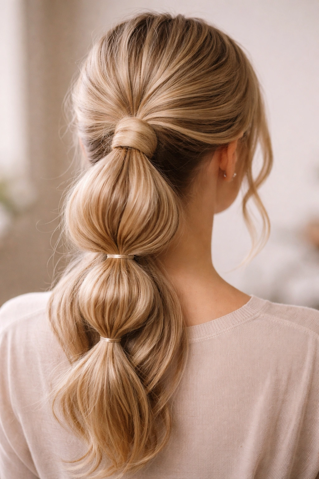 Fine hair with padded bubble ponytail showing hidden padding under first bubble