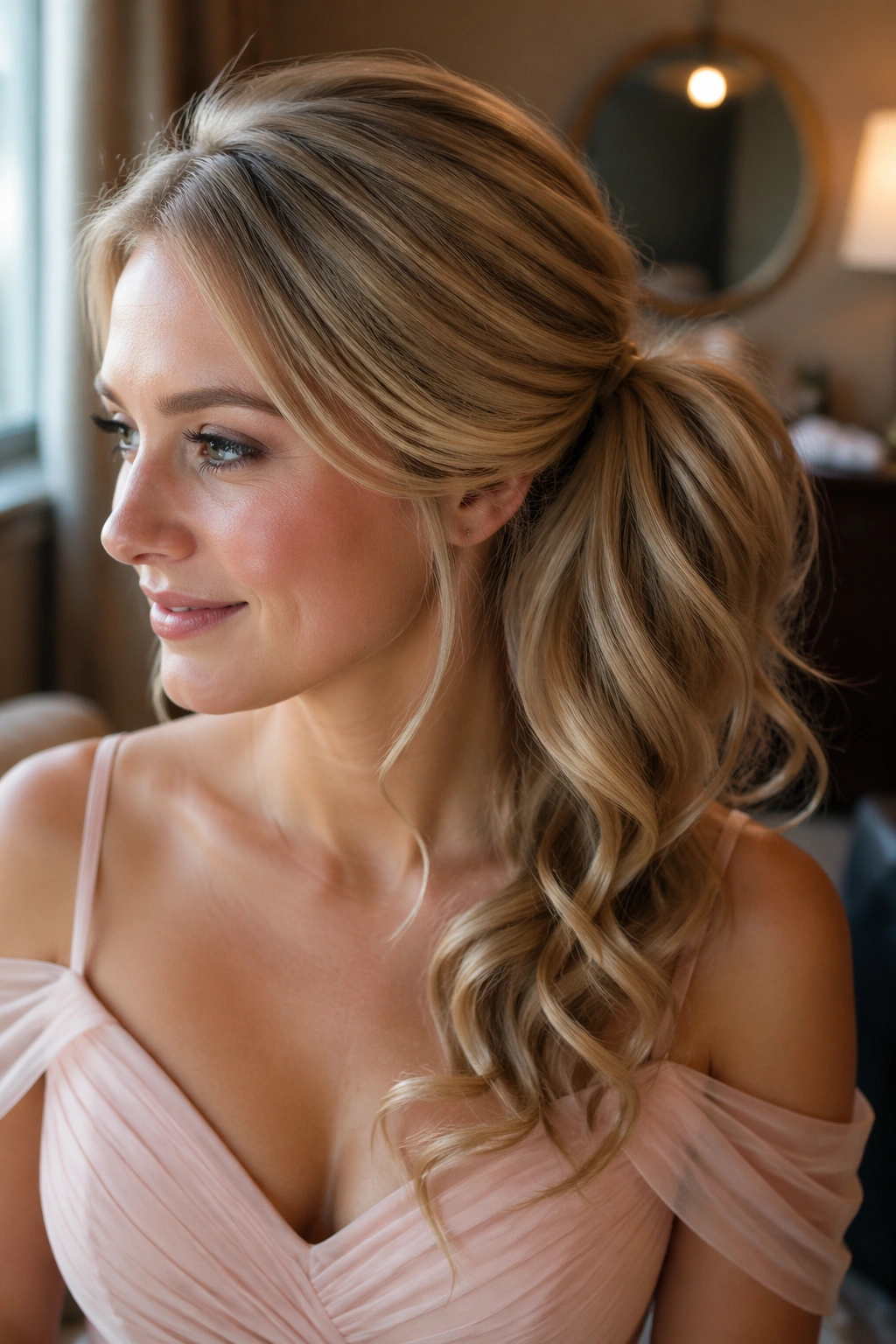 Real woman with padded base side ponytail in a dressing room