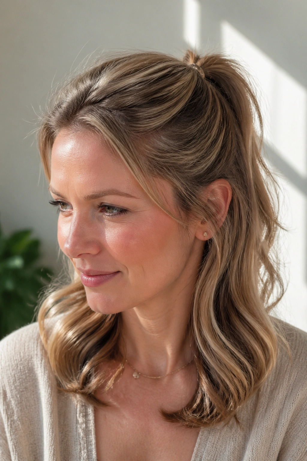 Real woman with fine hair in a small half-up ponytail with teased crown.