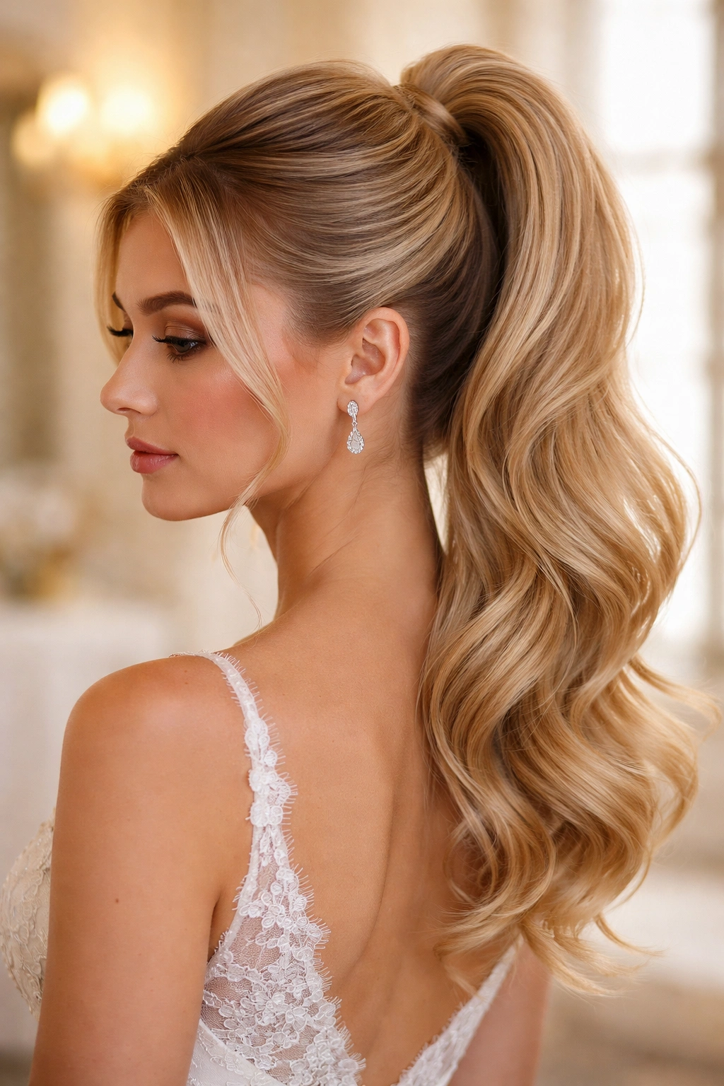 Close-up portrait of a bride with a tucked-volume high ponytail on fine hair