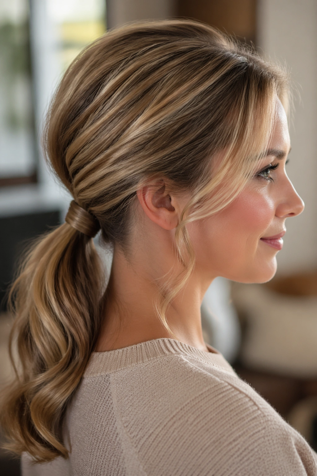 Close-up portrait of a real woman with fine-hair low ponytail and crown lift in natural window light