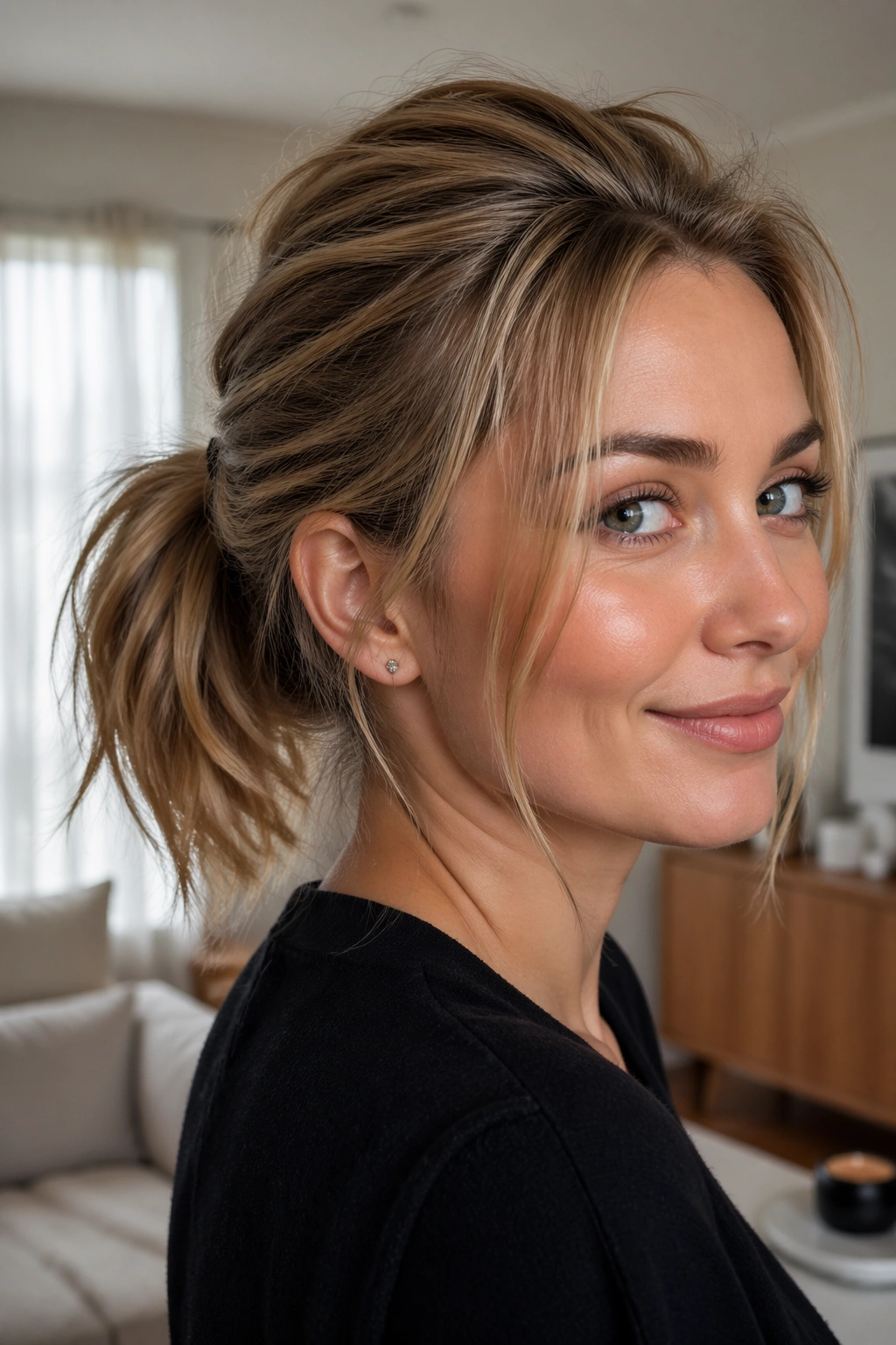 Close-up portrait of a real woman with a fuller-looking mid ponytail in bright daylight
