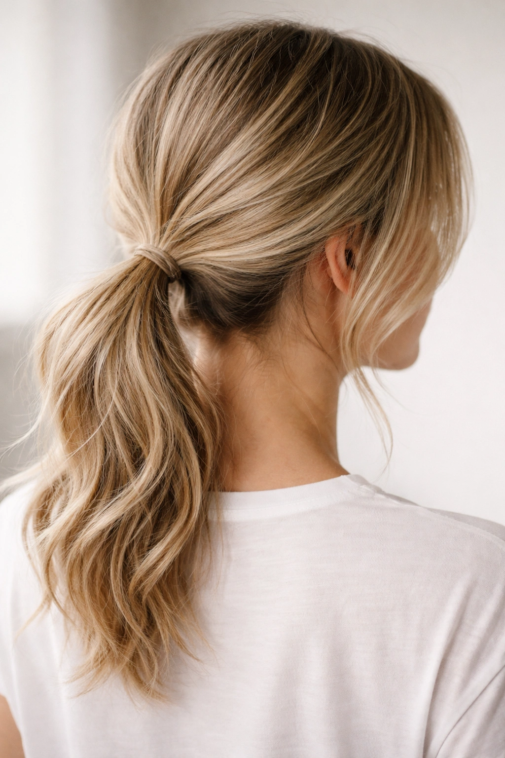 Close-up of a fine-hair textured low ponytail with soft crown and waved ends