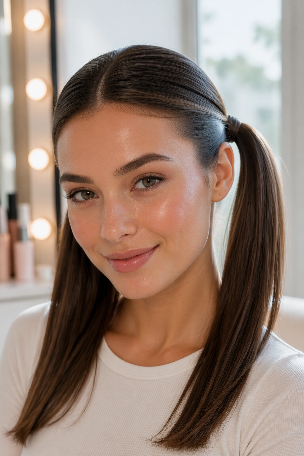 Close-up of a real woman with fine hair in sleek double ponytails