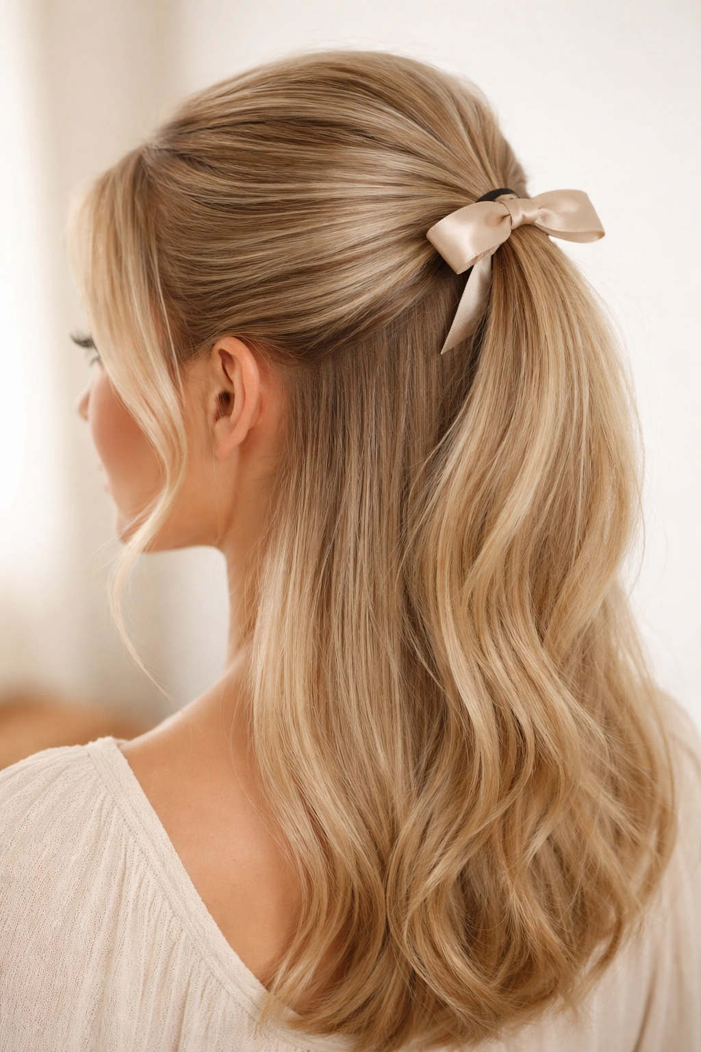 Fine hair with crown lift and a small bow at the anchor point