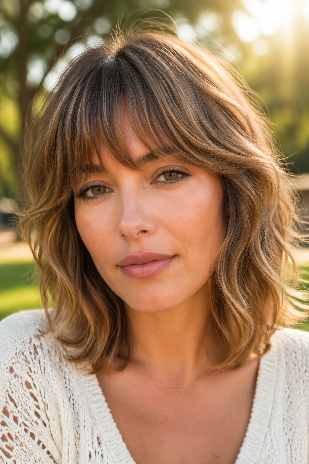 Close-up portrait of a real person with shoulder-length fine waves and feathered fringe outdoors at golden hour