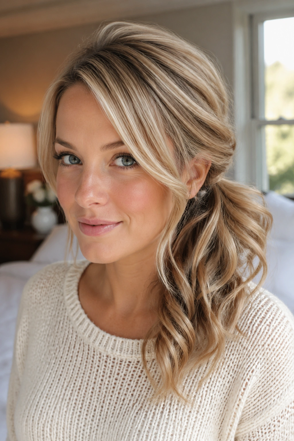 Fine hair side ponytail with crown lift and curled tail