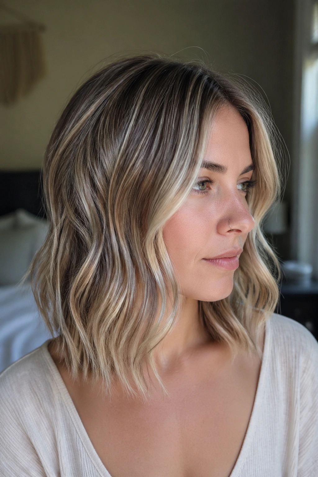 Close-up of a real woman with fine waves and soft vanilla threads