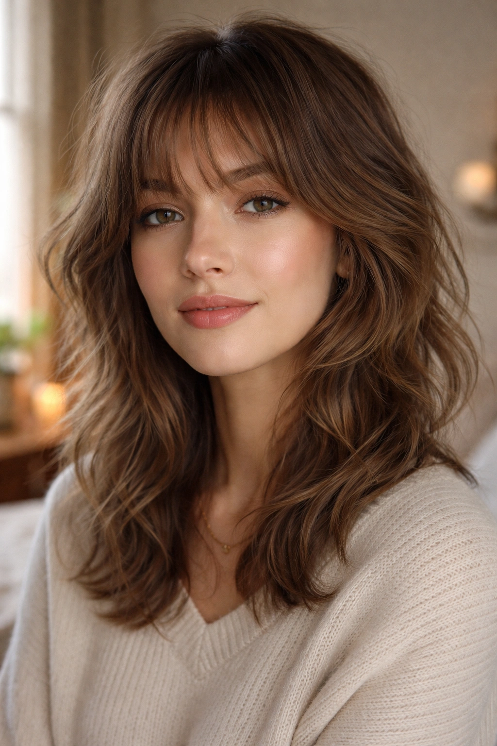 Close-up of a real person with fine-hair wolf cut and airy layers in soft window light.