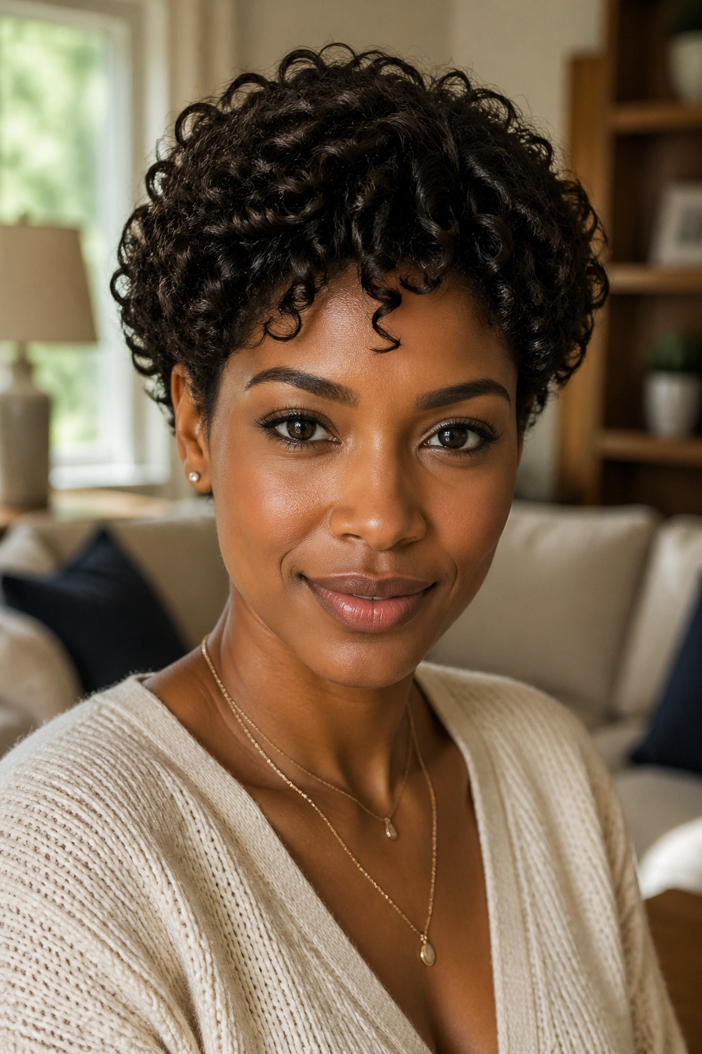Close-up of a real person with a short curly cut for fine natural hair showing subtle layering