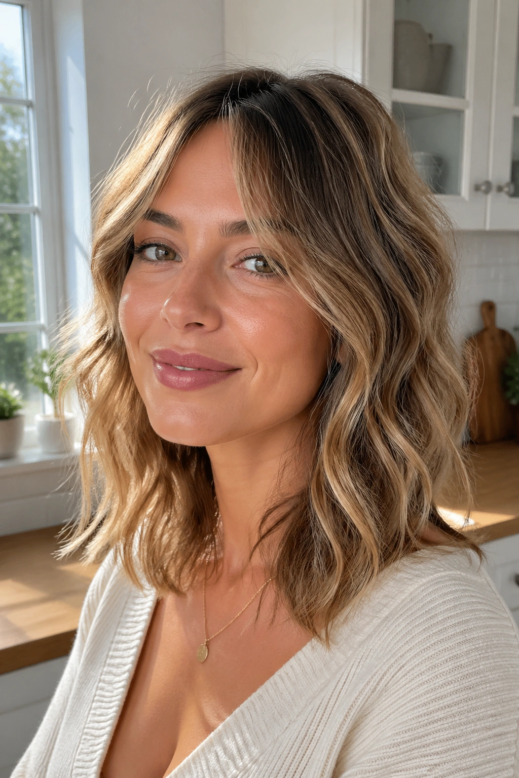 Close-up of a real woman with fine wavy hair featuring volume and face-framing layers