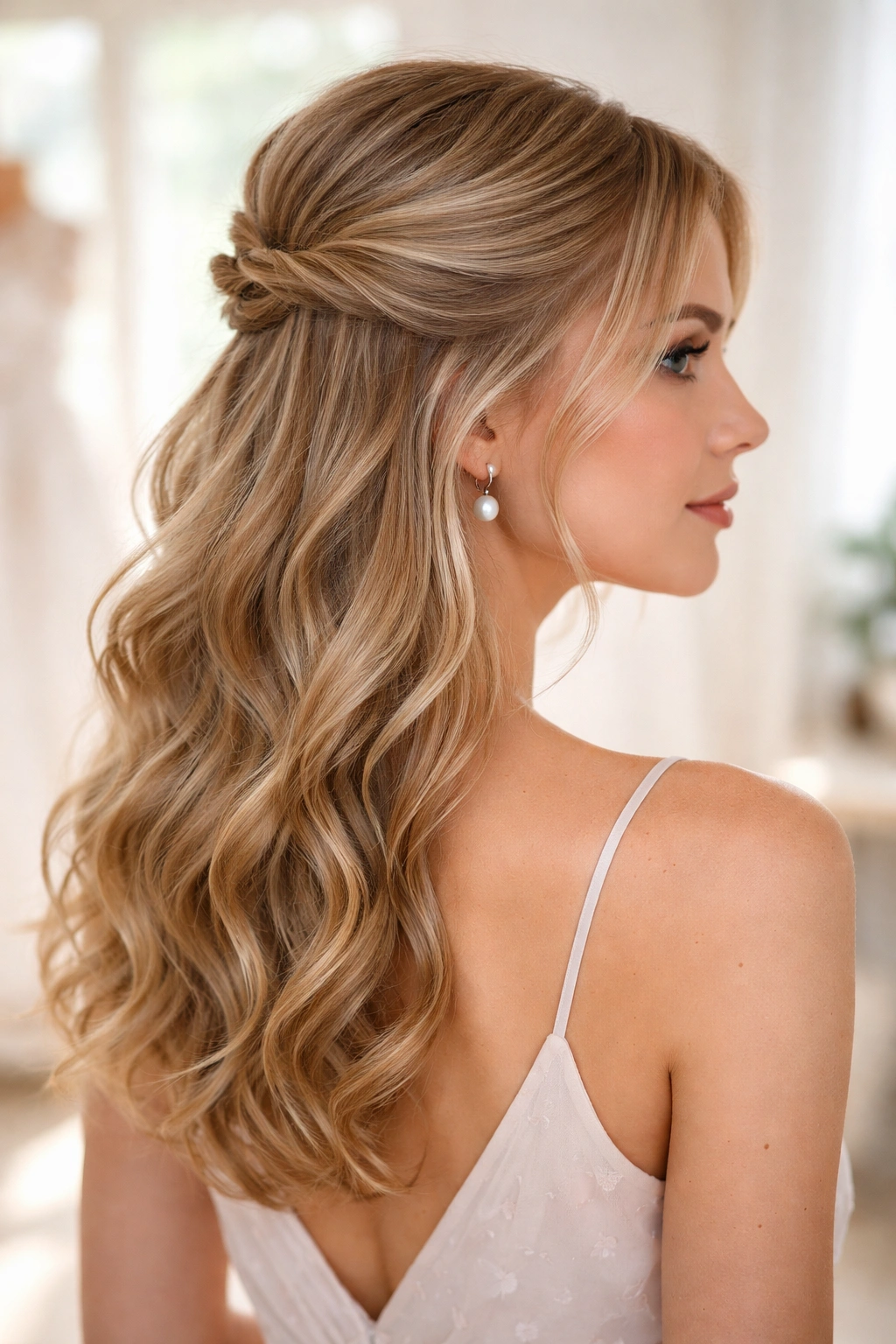Close-up of a real woman with fine wavy hair wearing a small half-up