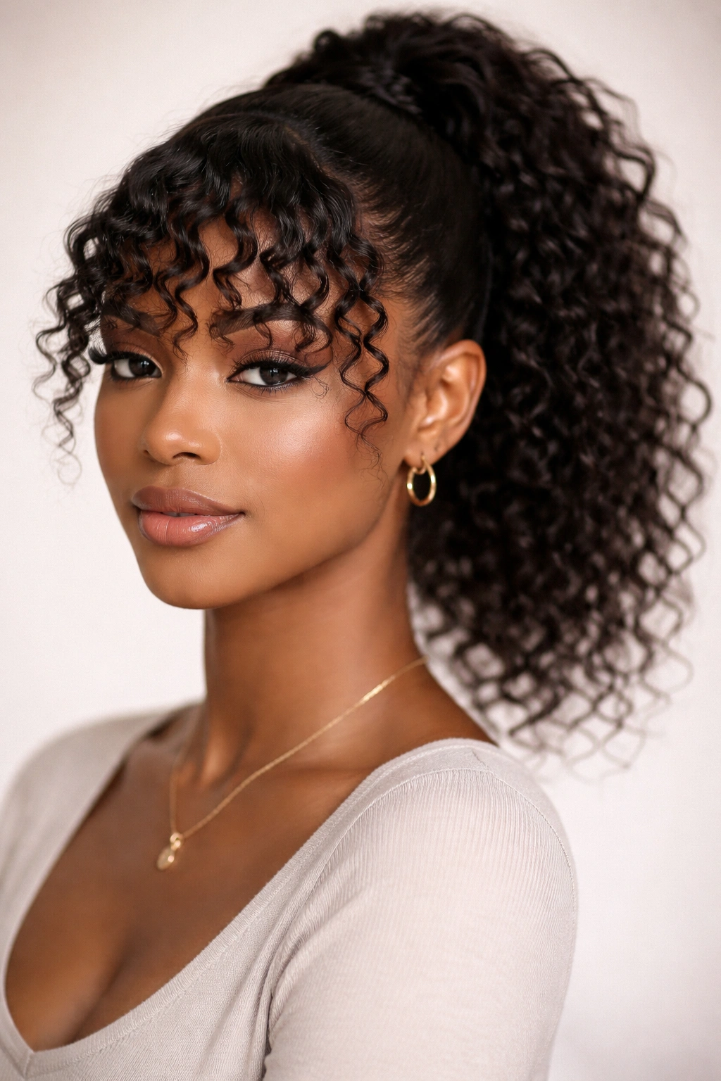 Close-up of finger-coiled bangs and a neat ponytail with defined spirals