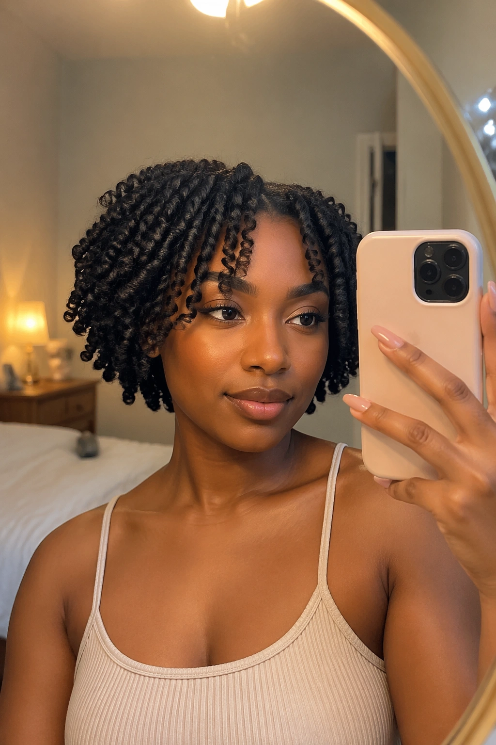 Finger-coiled twists on bob at jawline with front pieces coiled