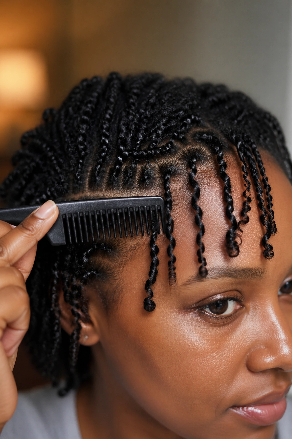 Real person showing finger coils started with a comb for defined curls