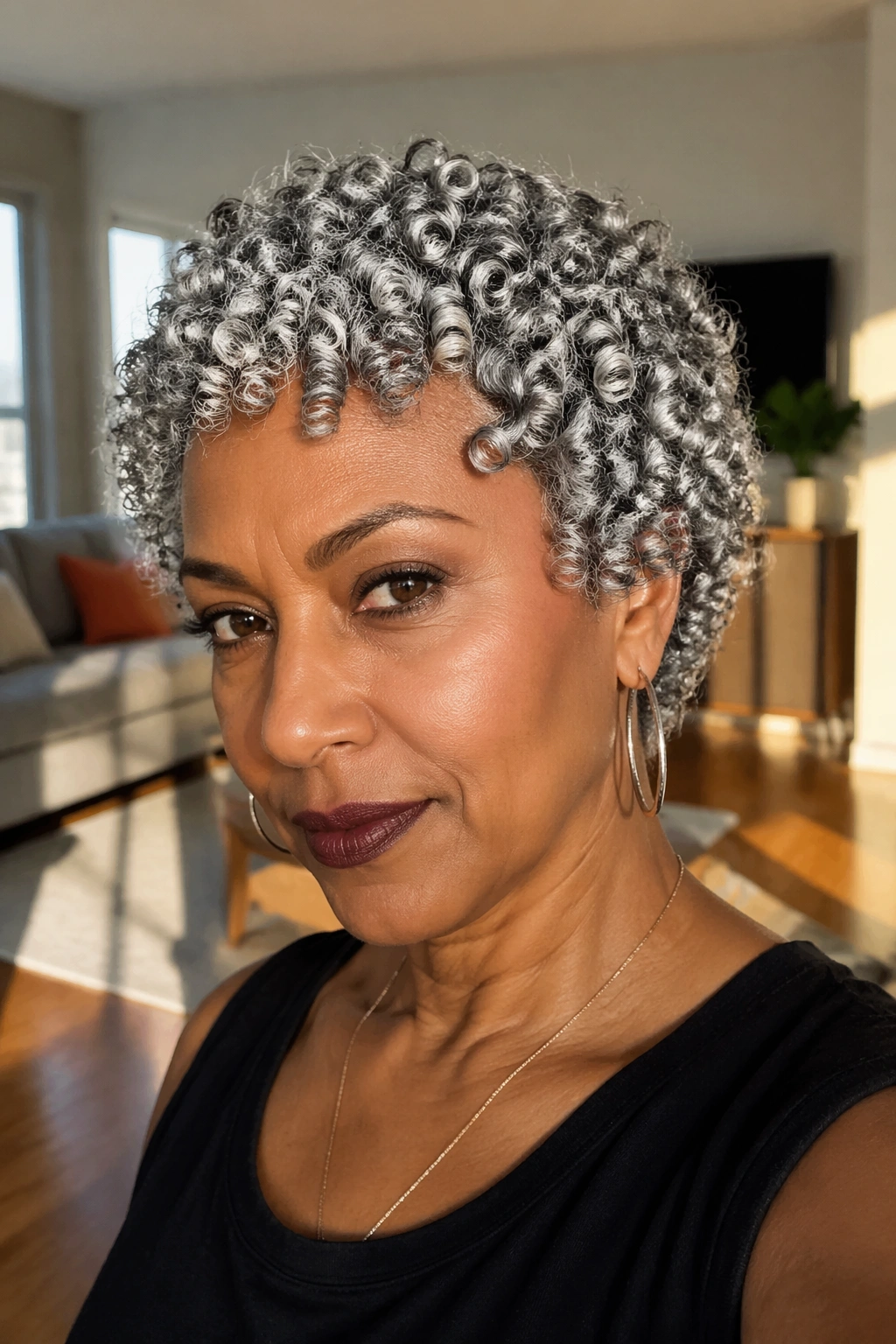 Close-up of a real woman with short grey finger coil curls filling the frame