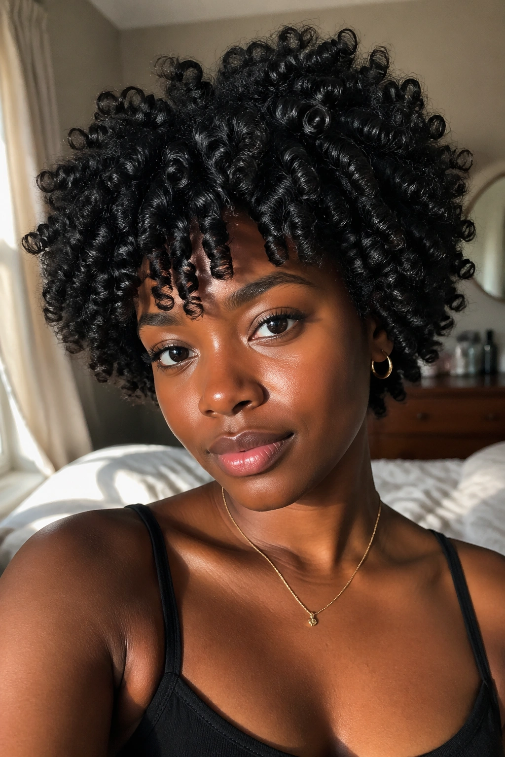 Close-up of finger coil hairstyle on a real woman in natural bedroom light