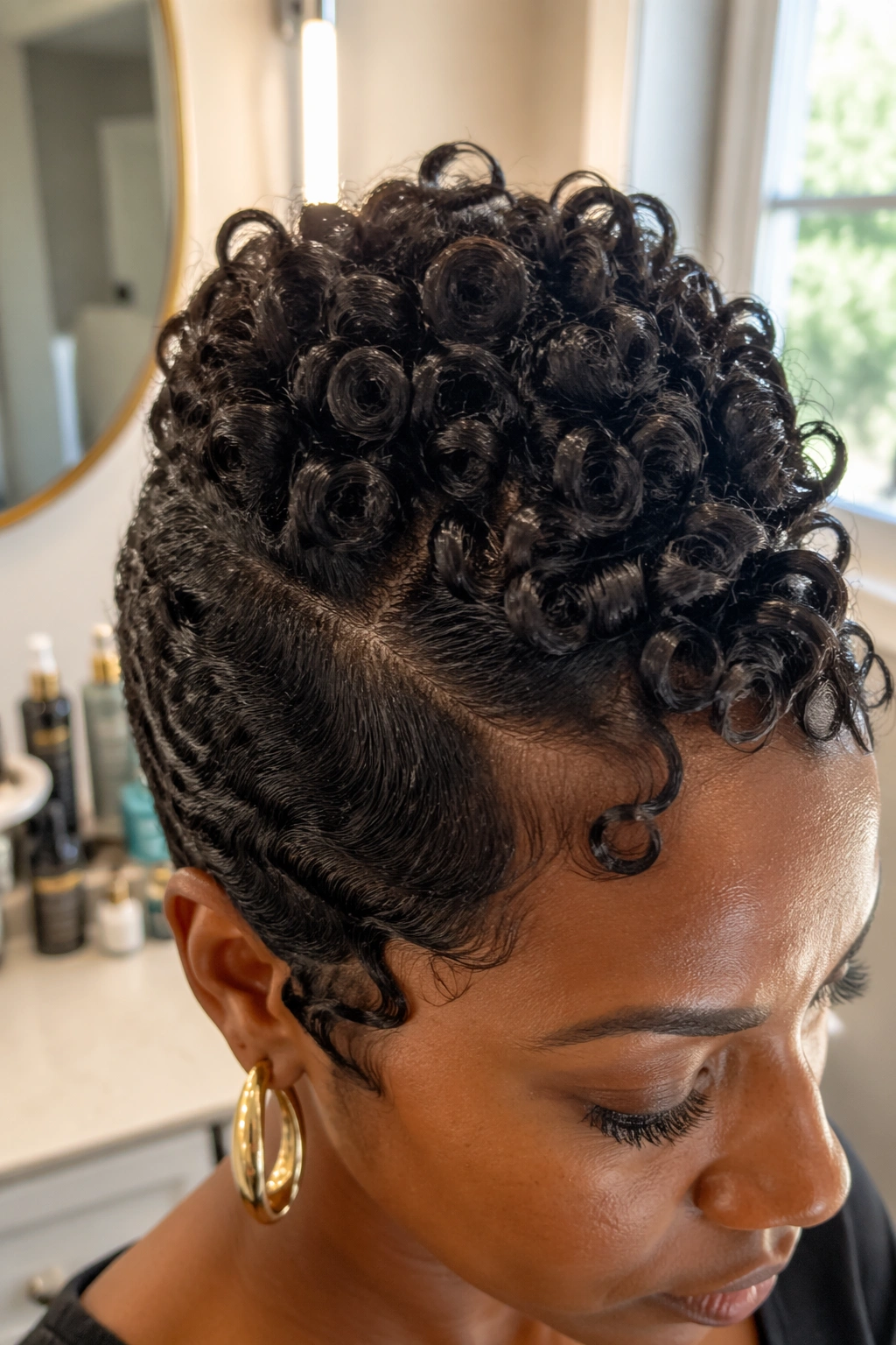 Close-up of finger coils on pixie with lifted crown in bright bathroom
