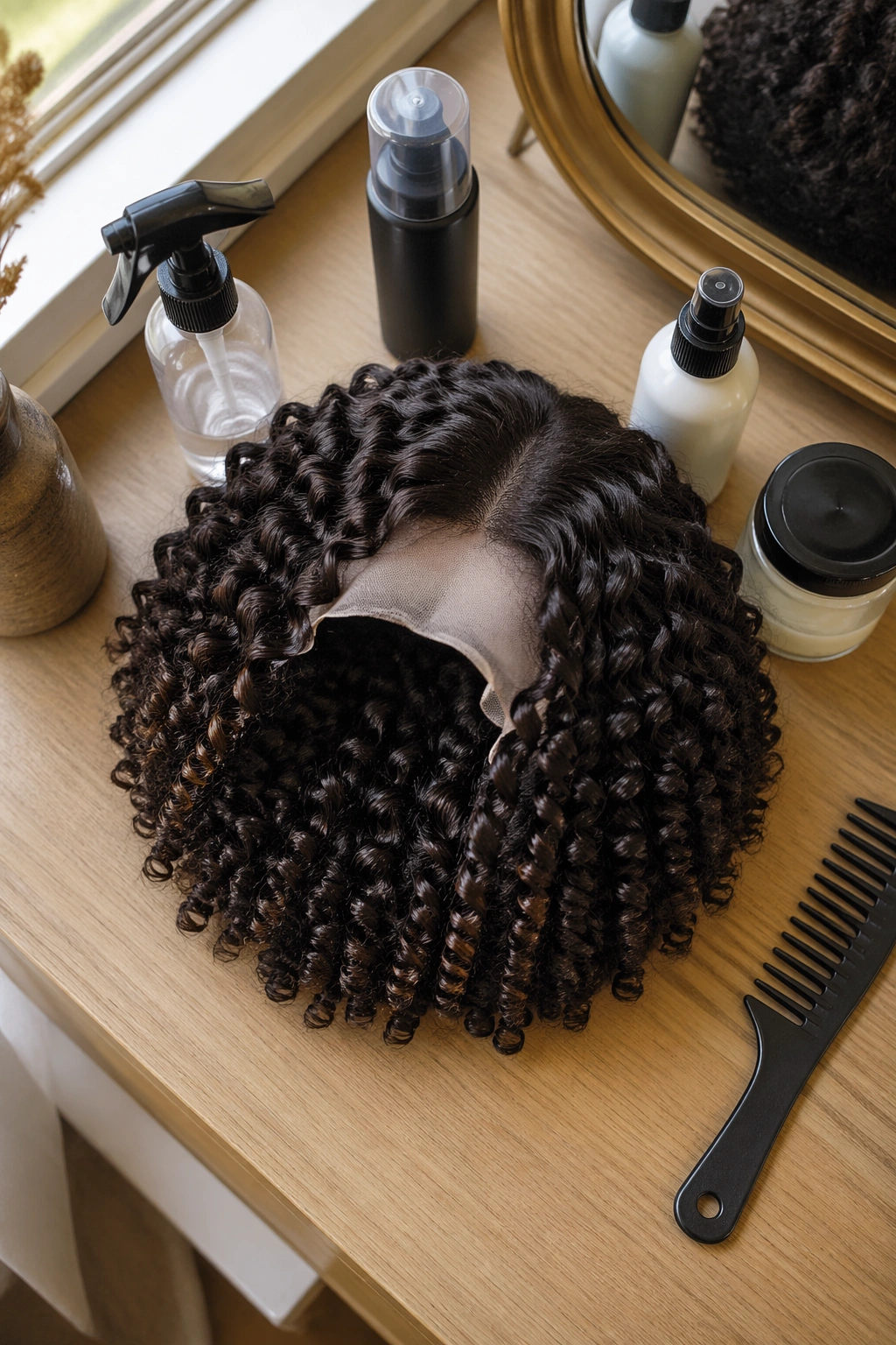 Overhead flat-lay with finger-coil ringlets