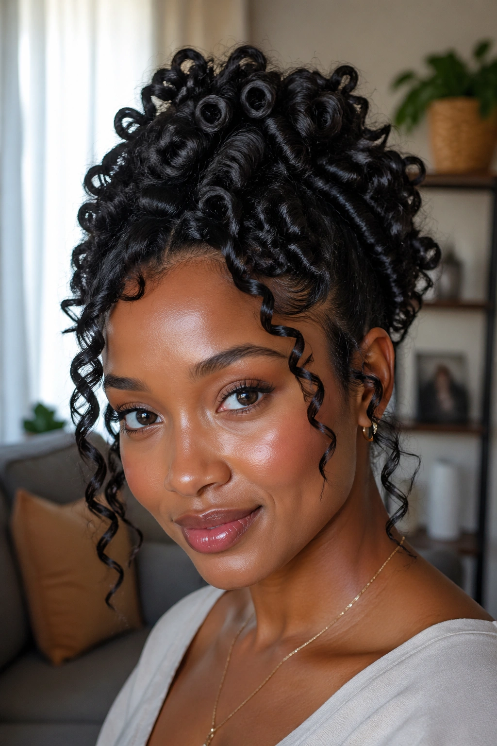Close-up of real woman with finger coil updo crown and soft face framing