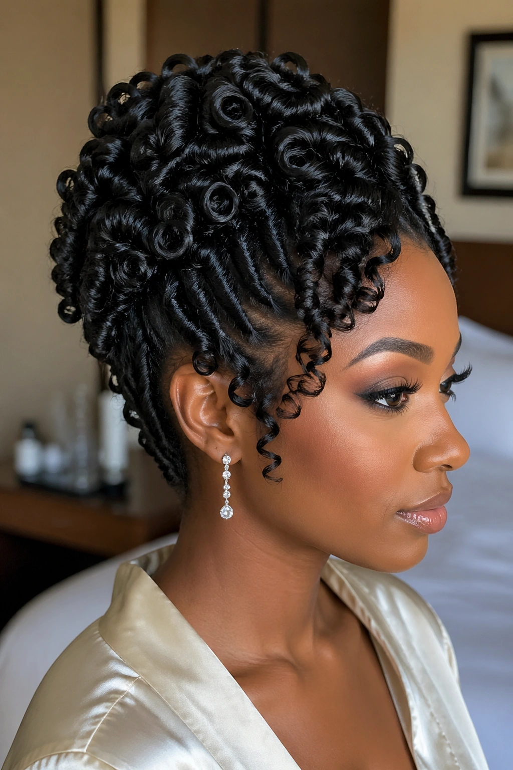 Close-up of a real woman with finger coil formal updo.