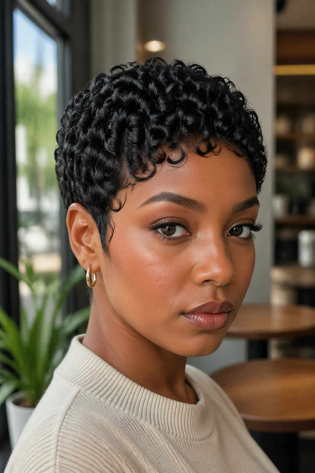 Close-up of real person with finger-coiled crop on wig