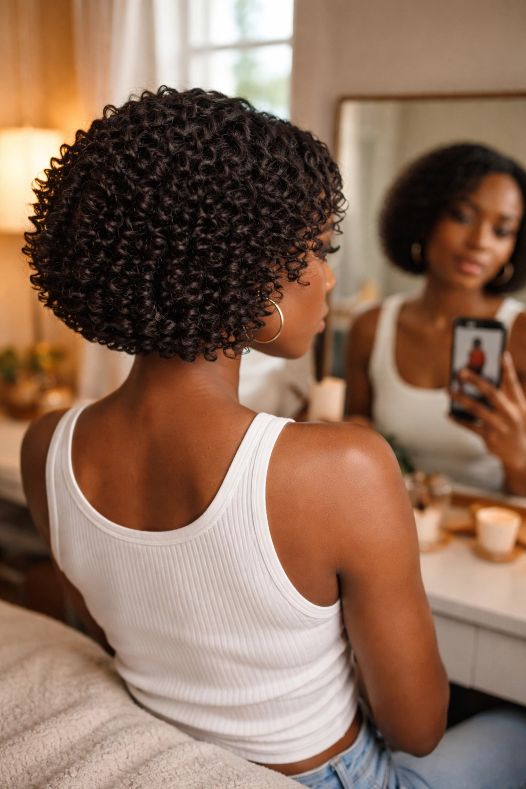 Mirror selfie showing finger-coiled curls in a neat bob.