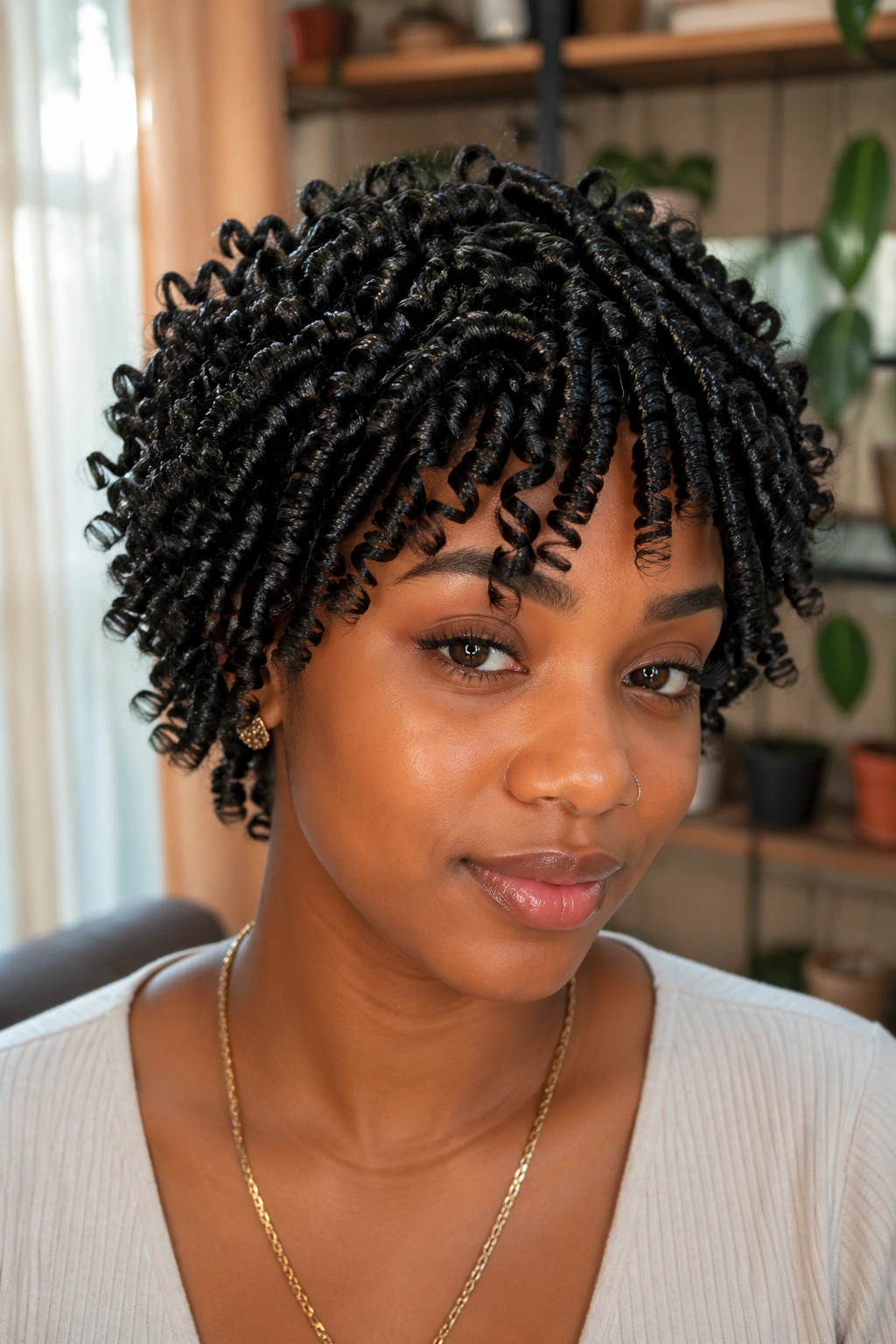 Close-up of a real woman with finger-coiled S curls