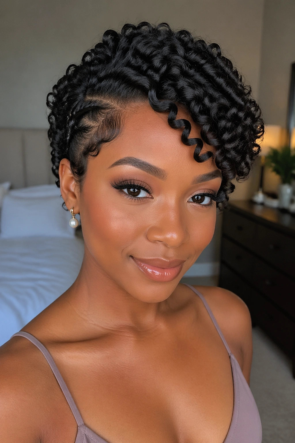 Close-up of a real woman's finger-coiled side sweep hairstyle with coils pinned to the side