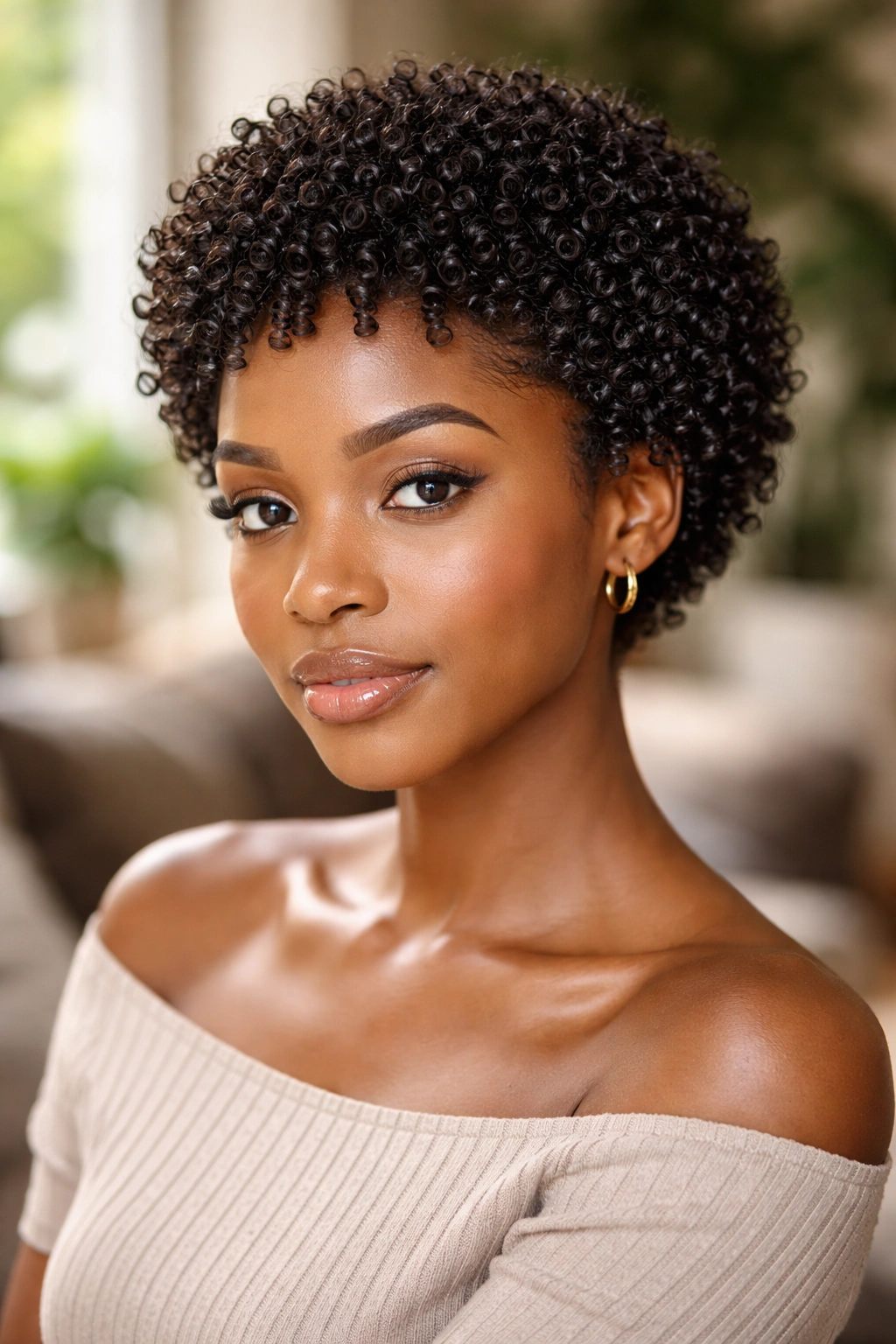 Close-up of a real woman with finger-coiled small afro showing defined coils.