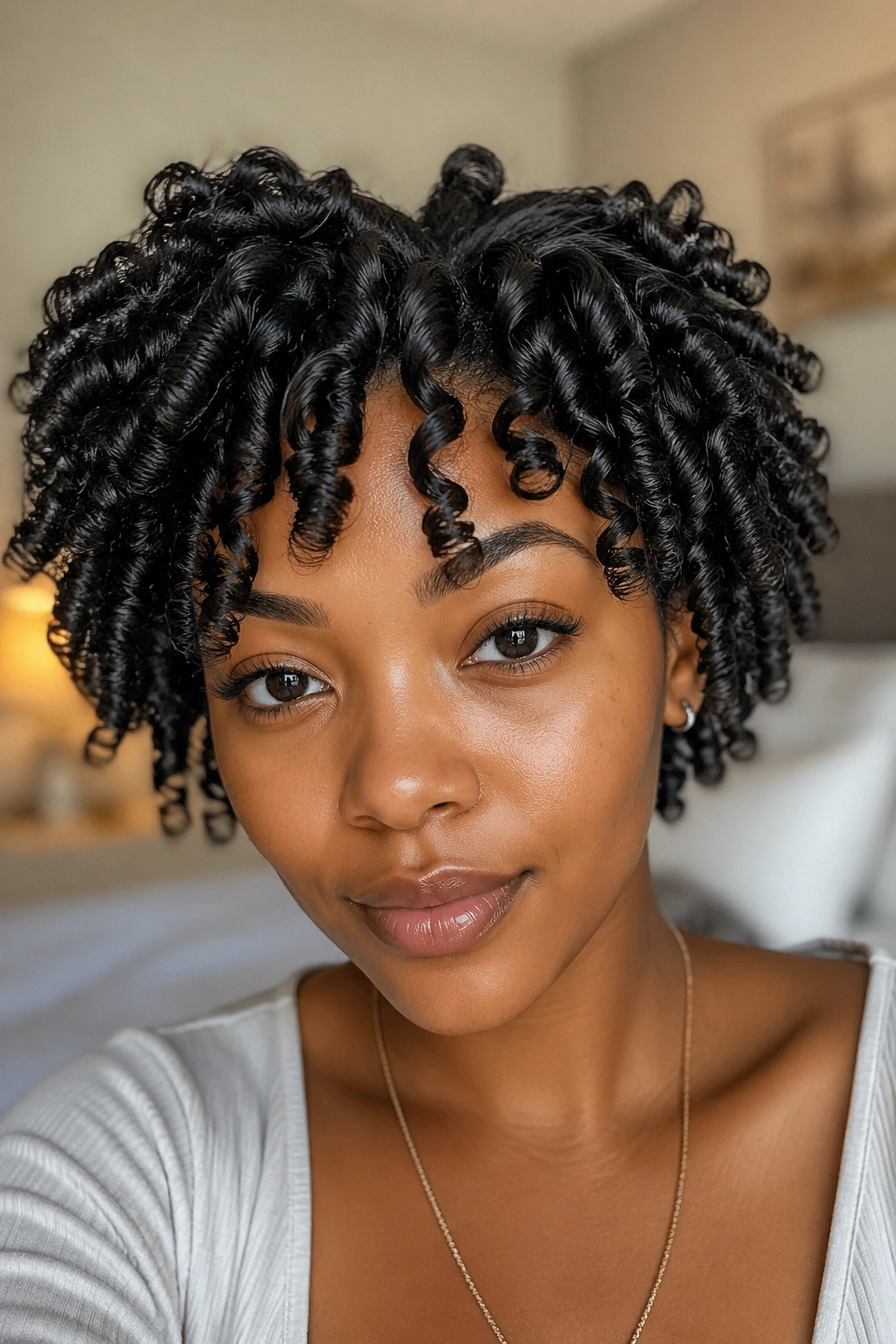 Close-up of a real woman with finger coil hairstyle in a sunlit bedroom.