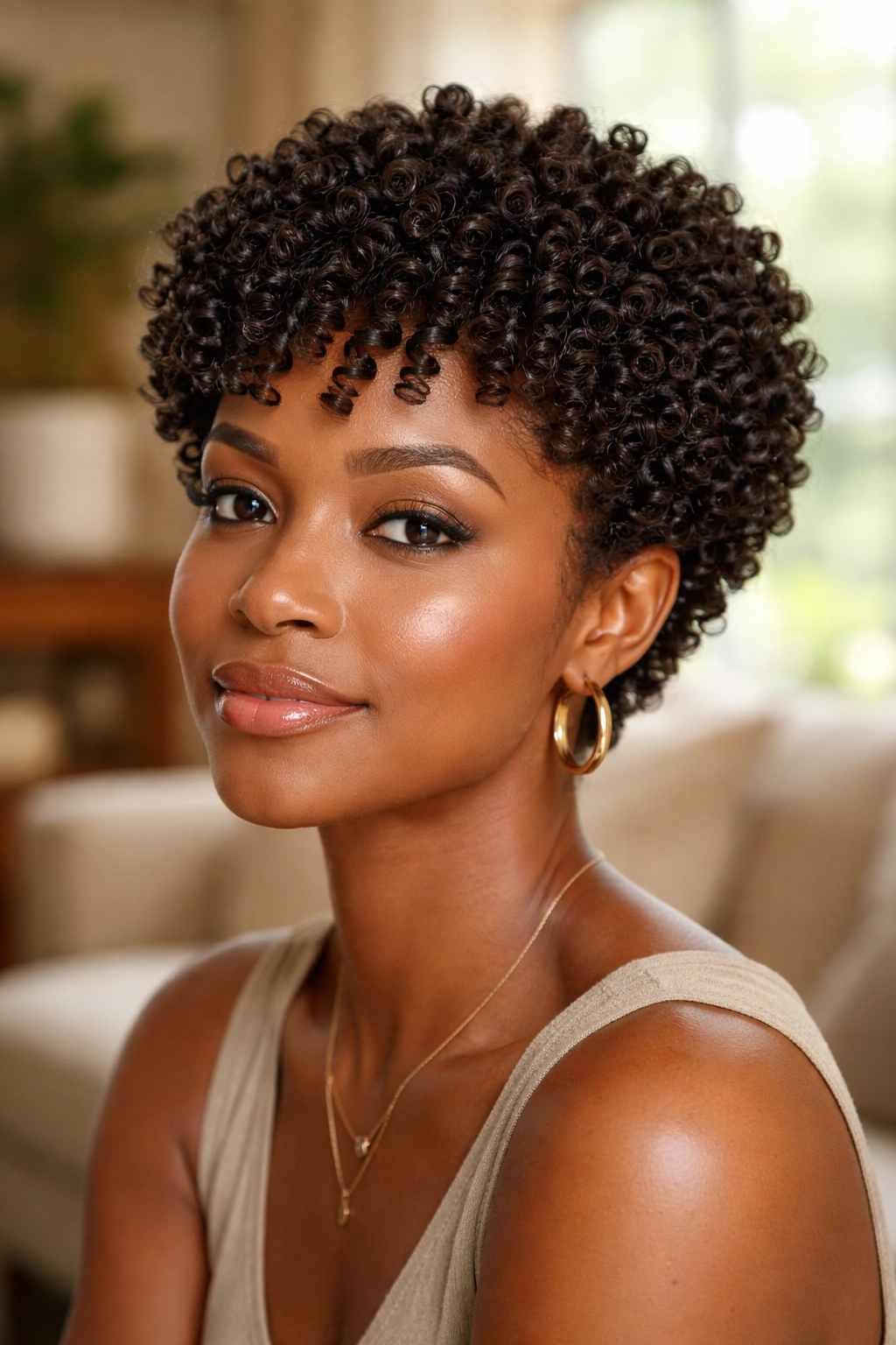 Close-up of a real woman with short finger coils Afro under warm natural window light