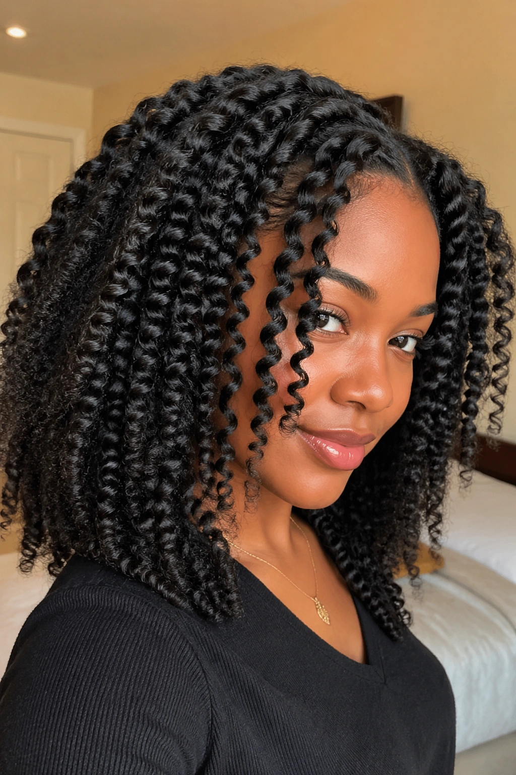 Close-up portrait of a real person with elongated finger coils on blown-out hair