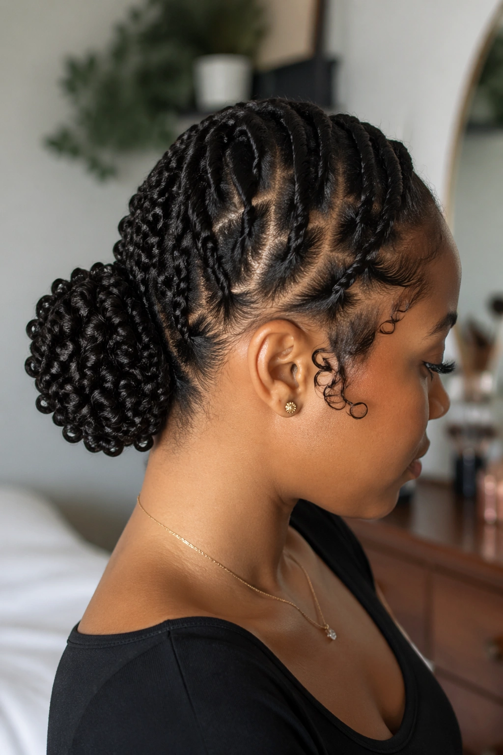 Low bun with finger coils on a real person