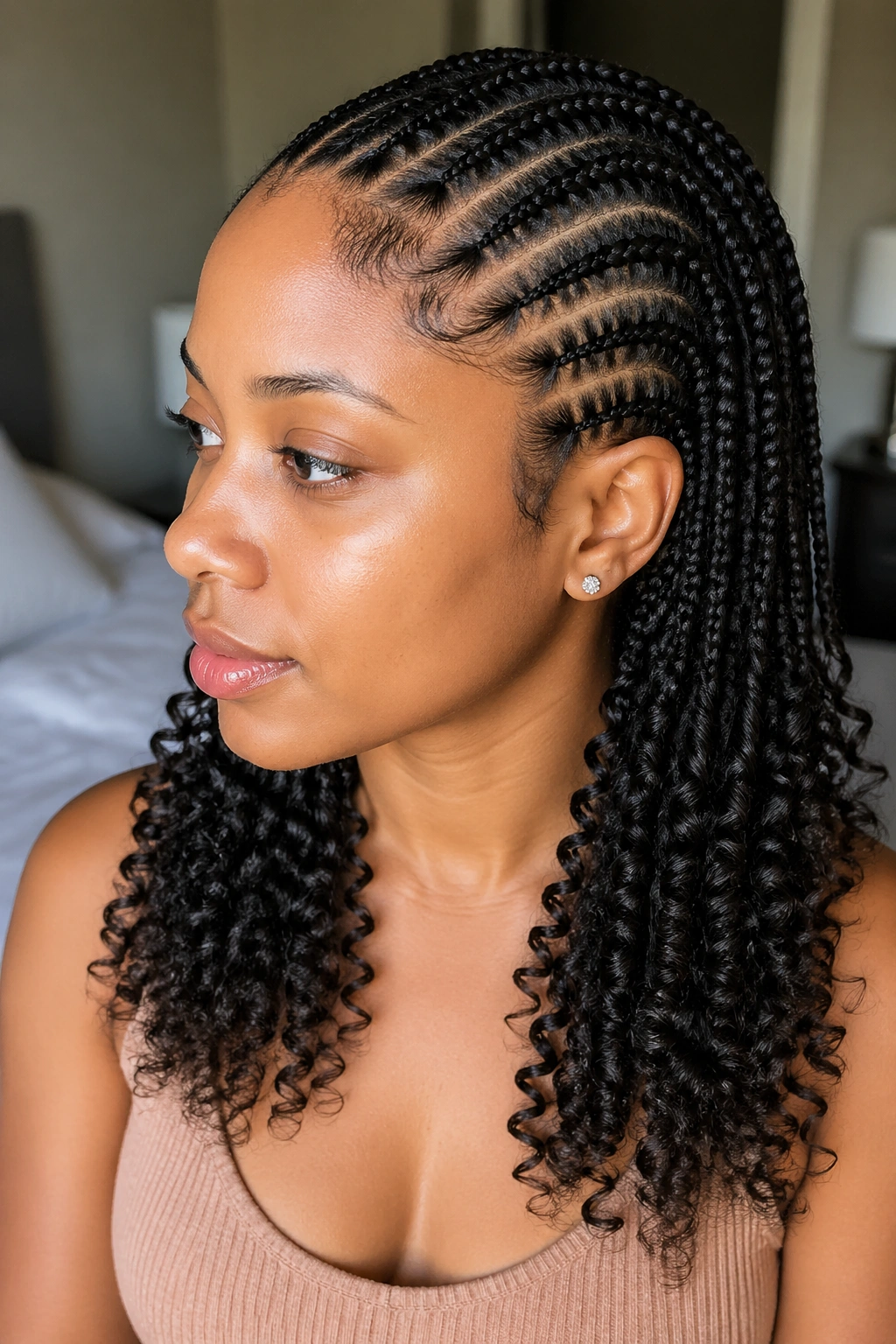 Close-up of real woman's feed-in cornrows with finger-coiled ends
