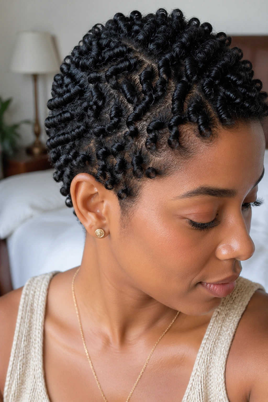 Close-up of a real woman with finger coiled crown curls