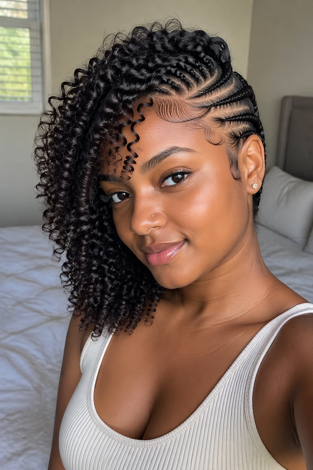Portrait of a woman with finger-coiled curls on one side and cornrows on the other side.