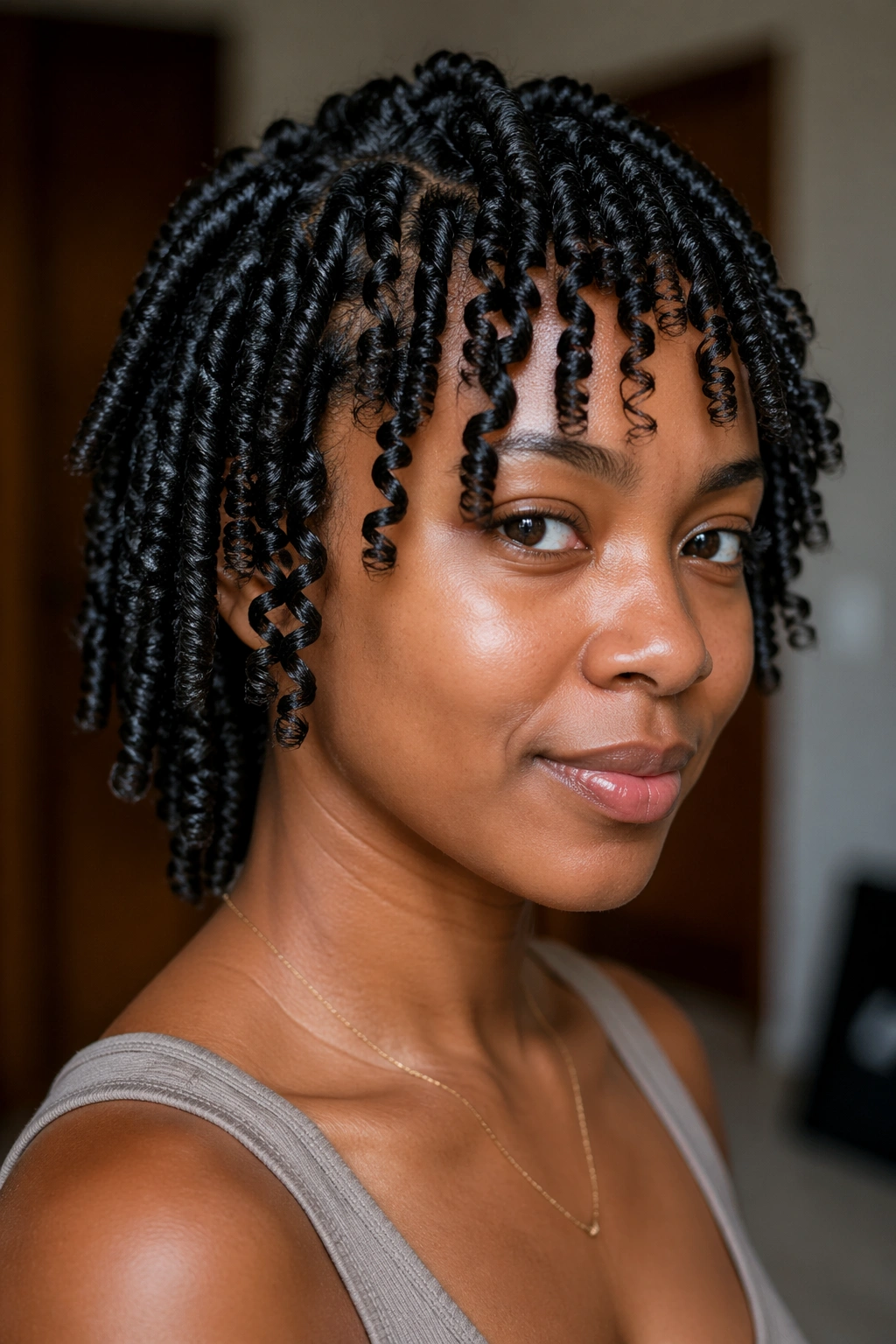 Close-up of a real woman with crisp defined finger coils