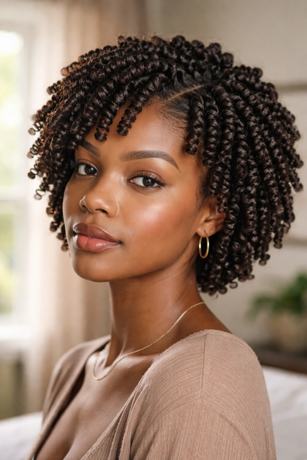 Close-up of a real woman with a full head of finger coils under soft window light