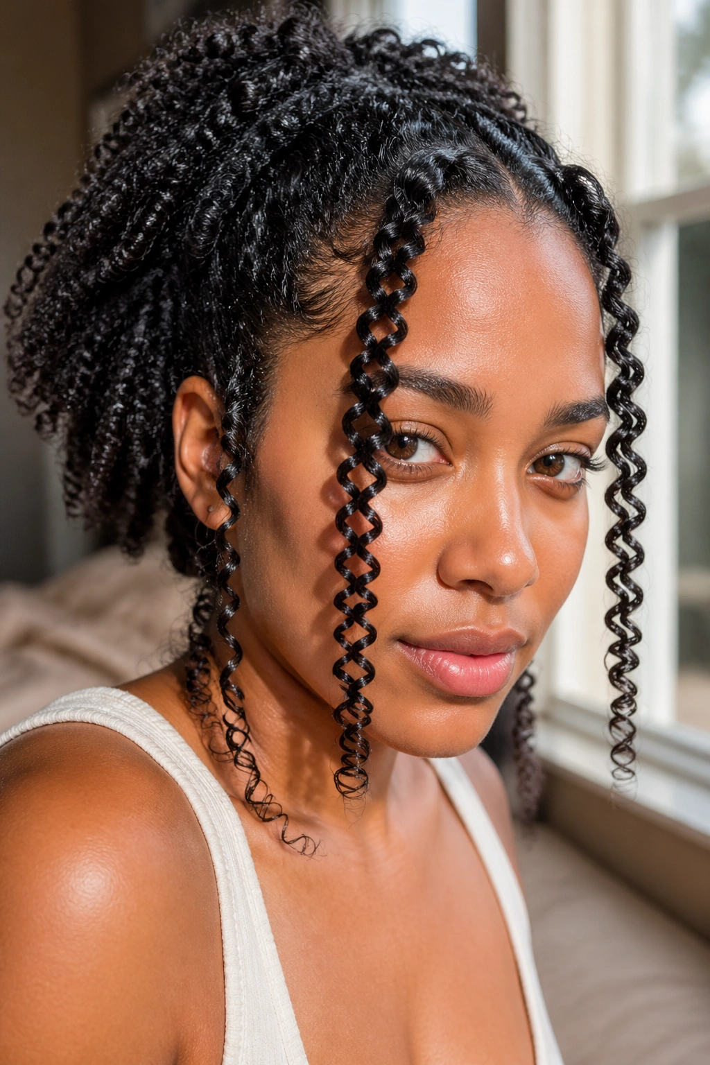 Close-up of a real woman with finger-coiled face-framing sections on Type 4 hair